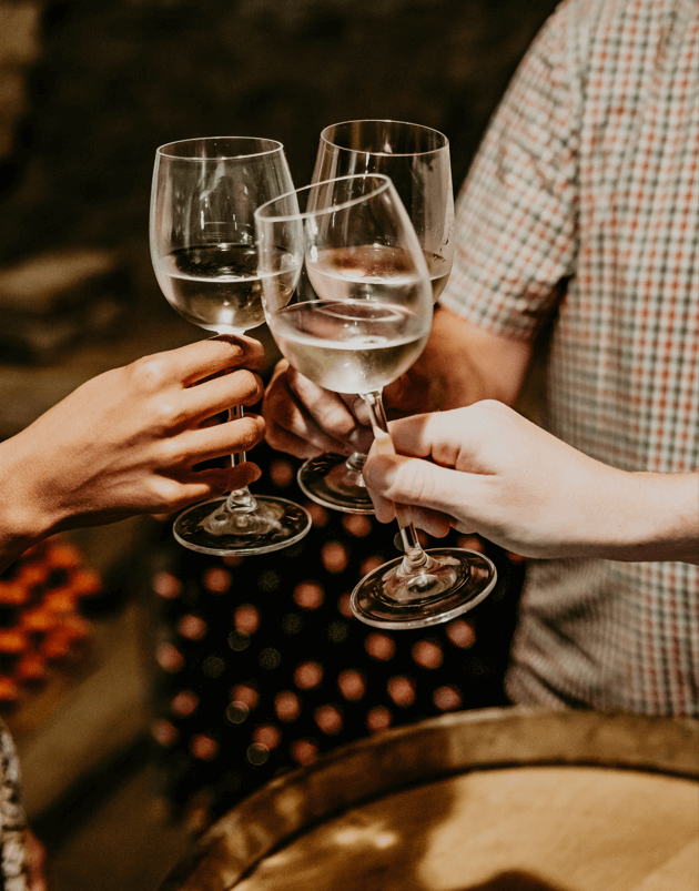 Weinverkostung mit 3 Gläsern, die anstoßen